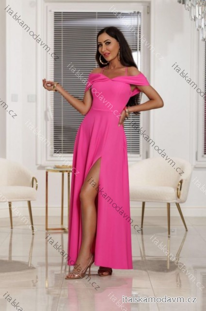 Šaty dlouhé carmen přes ramena společenské třpytivé dámské (34-42) POLSKÁ MÓDA PMLEL25SILLA3 růžová fuchsiová 34