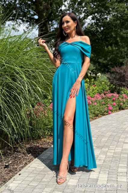 Šaty dlouhé carmen přes ramena společenské třpytivé dámské (34-42) POLSKÁ MÓDA PMLEL25SILLA4 tyrkysová 36