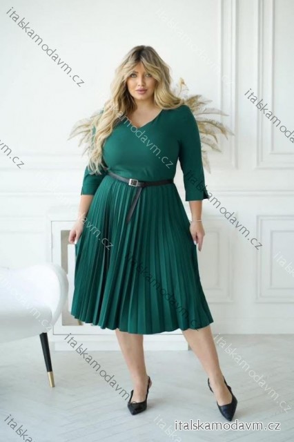 Šaty s páskem elegantný 3/4rukáv dámske nadrozmer (38-48) POLSKÁ MÓDA PMLLD255078/DUR 48 tmavo smaragdová
