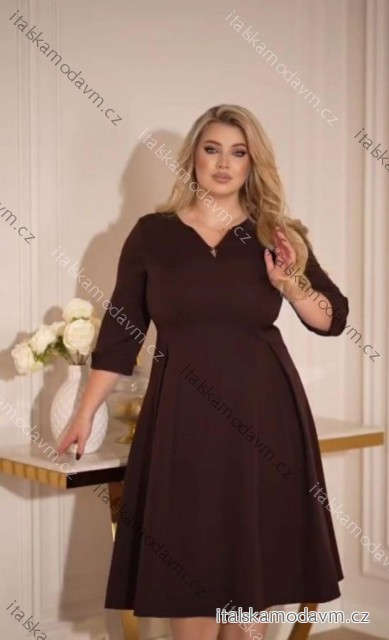 Šaty elegantní 3/4 rukáv dámské nadrozměr (40-50) POLSKÁ MÓDA PMLLD255098-1/DUR 46 hnědá