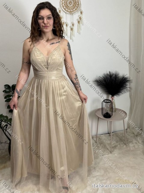 Šaty dlouhé společenské na ramínka dámské (S/M ONE SIZE) ITALSKÁ MÓDA IMC23435/DUR béžová S/M/L