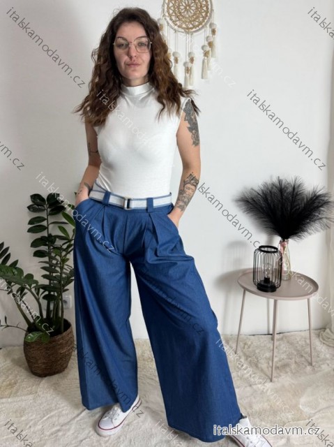 Kalhoty dlouhé letní riflové s páskem dámské PALAZZO (S/M/L ONE SIZE) ITALSKÁ MÓDA IMWCL251061/DUR tmavo modrá S/M/L