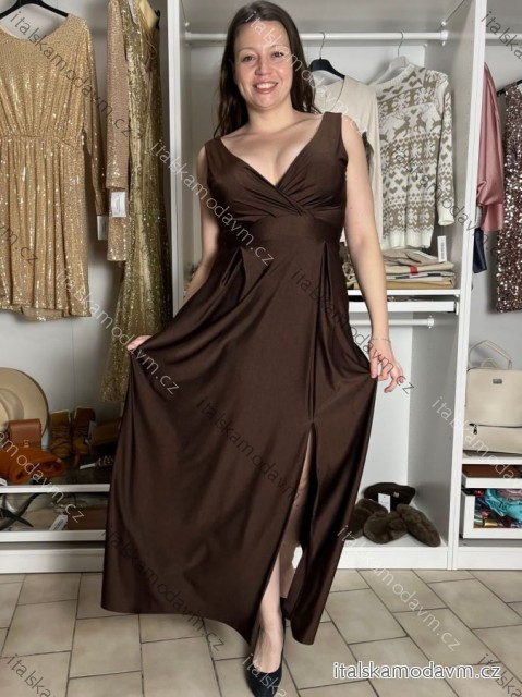 Šaty elegantné spoločenské dlhé na ramienka dámske (L/XL ONE SIZE) TALIANSKA MÓDA IM325100/DUR L / XL hnedá