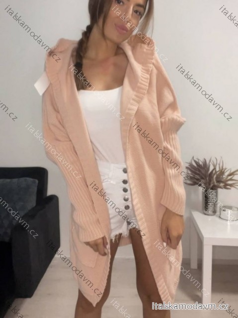 Cardigan pletený s kapucňou dlhý rukáv dámsky (S/M/L ONE SIZE) TALIANSKA MÓDA IMWB22303/DR staroružová M / L