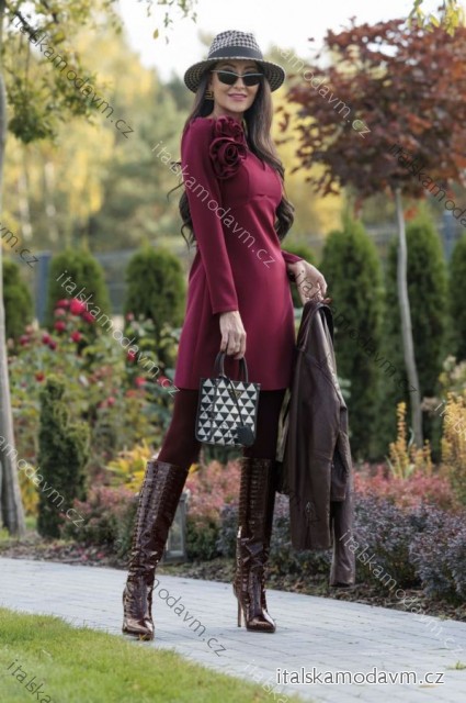 Šaty krátké elegantní dlouhý rukáv dámské nadrozměr (34-46) POLSKÁ MÓDA PMLEL25EMMA4 vínová bordo 34