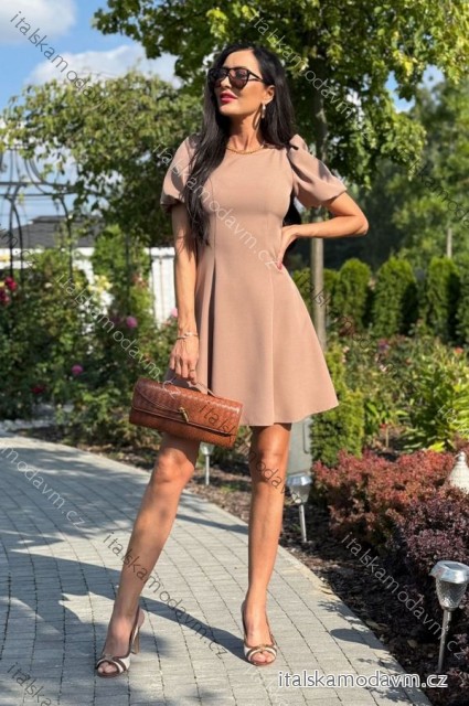 Šaty krátké elegantní letní krátký rukáv dámské nadrozměr (34-46) POLSKÁ MÓDA PMLEL25CHANEL4 béžová mandlová 36