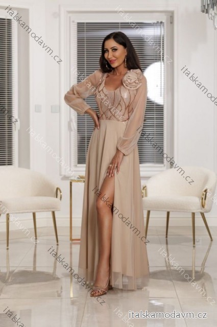 Šaty dlhé spoločenské krajkové s filtrami dlhý rukáv dámske nadrozmer (36-50) POLSKÁ MÓDA PMLEL25STELLA béžová 50