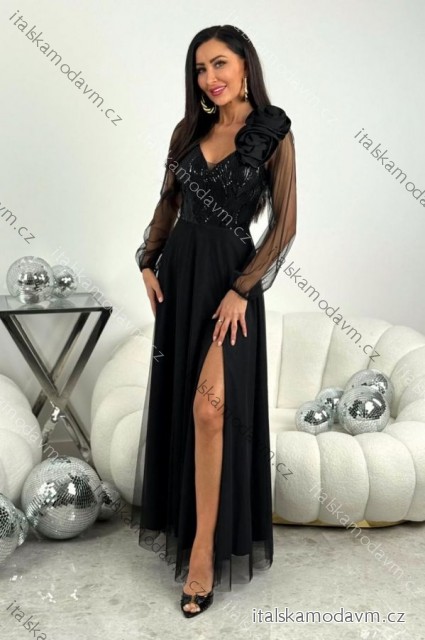 Šaty dlouhé společenské krajkové s filtry dlouhý rukáv dámské nadrozměr (36-50) POLSKÁ MÓDA PMLEL25STELLA2 čierna 50