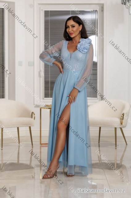 Šaty dlhé spoločenské krajkové s filtrami dlhý rukáv dámske nadrozmer (36-50) POLSKÁ MÓDA PMLEL25STELLA3 modrá 46