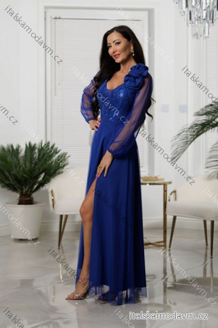 Šaty dlhé spoločenské krajkové s filtrami dlhý rukáv dámske nadrozmer (36-50) POLSKÁ MÓDA PMLEL25STELLA4 modrá kráľovská 36
