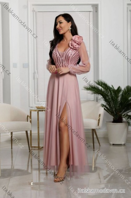 Šaty dlouhé společenské krajkové s filtry dlouhý rukáv dámské nadrozměr (36-50) POLSKÁ MÓDA PMLEL25STELLA5 růžová starorůžová 38