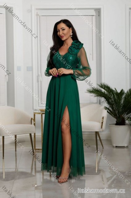 Šaty dlouhé společenské krajkové s filtry dlouhý rukáv dámské nadrozměr (36-50) POLSKÁ MÓDA PMLEL25STELLA7 zelená 40