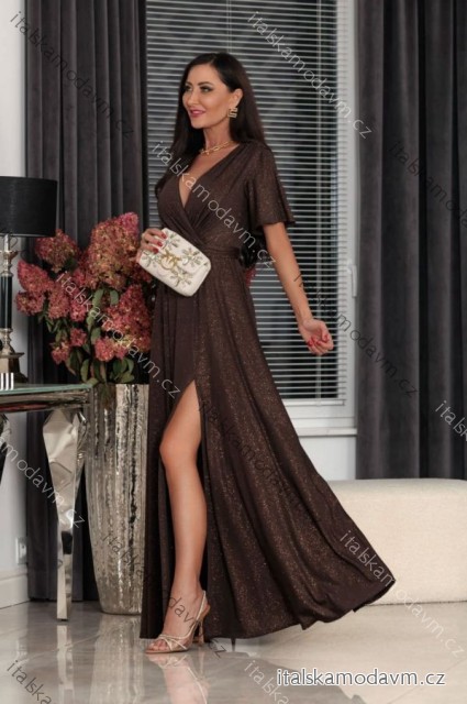 Šaty dlouhé společenské brokátové třpytivé krátký rukáv dámské (S - 2XL) POLSKÁ MÓDA PMLEL25BELLA hneda čokoládová <div><p>XXS</p></div>