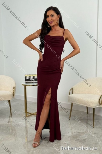 Šaty dlhé spoločenské na ramienka dámske (32-42) POLSKÁ MÓDA PMLEL025ROCHEL4 vínová 42
