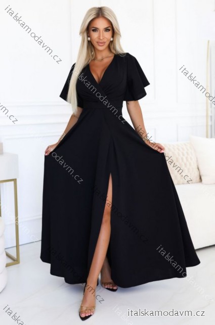 581-7 Dlouhé šaty JENNIFER s rozparkem na nohavicích, rukávy a výstřihem - černé
