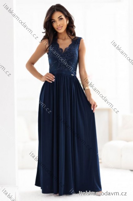 215-6 LEA dlhé elegantné maxi šaty s čipkovaným vrchom a rozparkom na nohe - tmavomodré