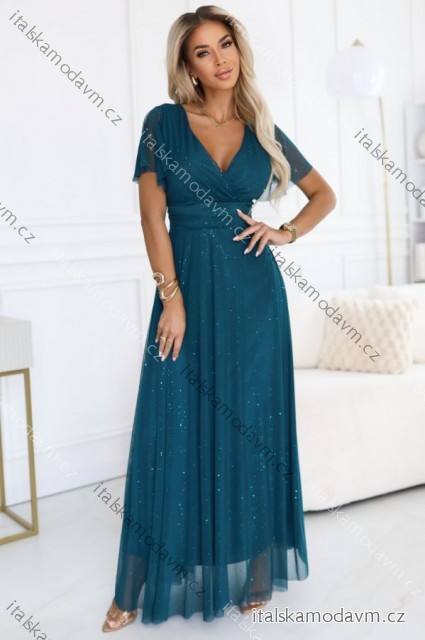 635-1 MELANIA dlhé, lesklé šaty s výstrihom a krátkymi rukávmi - fľaškovozelené