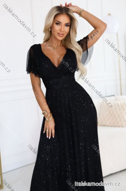 635-2 MELANIA dlhé, lesklé šaty s výstrihom a krátkymi rukávmi - čierne