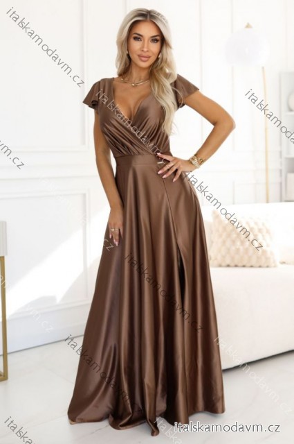 411-14 CRYSTAL dlhé saténové šaty s výstrihom - mocha mousse