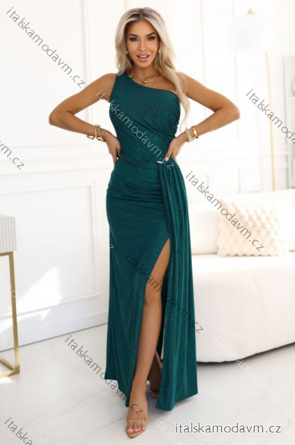 600-2 SELENA trblietavé dlhé šaty na jedno rameno s rozparkom - zelené s trblietkami