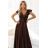 411-15 CRYSTAL saténové dlhé šaty s výstrihom - čokoládové