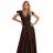 411-15 CRYSTAL saténové dlhé šaty s výstrihom - čokoládové