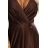 411-15 CRYSTAL saténové dlhé šaty s výstrihom - čokoládové