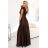 411-15 CRYSTAL saténové dlouhé šaty s výstřihem - čokoládové