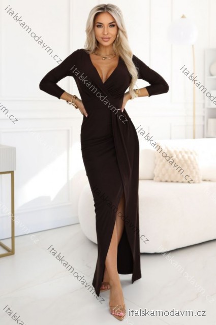 404-14 Elegantné dlhé šaty s výstrihom do V a rozparkom - čokoládovo hnedé