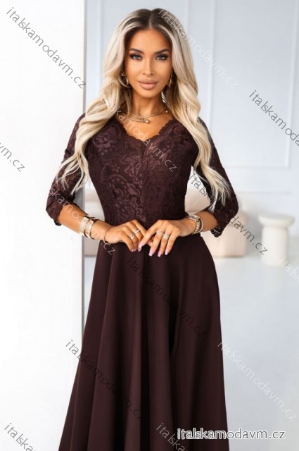 309-14 AMBER elegantní dlouhé krajkové šaty s výstřihem - čokoládové