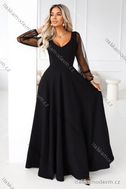640-2 LORETTA jedinečné dlhé šaty s tylovými rukávmi a výstrihom - čierne