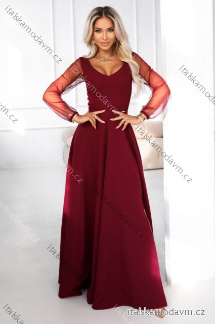 640-1 LORETTA unikátní dlouhé šaty s tylovými rukávy a výstřihem - vínové