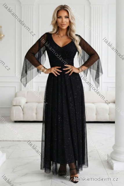 655-1 Dlhé, trblietavé šaty s výstrihom a priehľadnými rukávmi - čierne