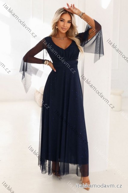 655-3 Dlhé, trblietavé šaty s výstrihom a priehľadnými rukávmi - tmavomodré