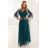 654-1 Dlhé, trblietavé šaty plus size s výstrihom a priehľadnými rukávmi - fľaškovozelené