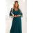 654-1 Dlhé, trblietavé šaty plus size s výstrihom a priehľadnými rukávmi - fľaškovozelené
