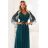 654-1 Dlhé, trblietavé šaty plus size s výstrihom a priehľadnými rukávmi - fľaškovozelené