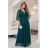 654-1 Dlhé, trblietavé šaty plus size s výstrihom a priehľadnými rukávmi - fľaškovozelené