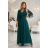 654-1 Dlhé, trblietavé šaty plus size s výstrihom a priehľadnými rukávmi - fľaškovozelené