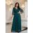 654-1 Dlhé, trblietavé šaty plus size s výstrihom a priehľadnými rukávmi - fľaškovozelené
