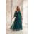 654-1 Dlhé, trblietavé šaty plus size s výstrihom a priehľadnými rukávmi - fľaškovozelené