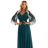 654-1 Dlhé, trblietavé šaty plus size s výstrihom a priehľadnými rukávmi - fľaškovozelené