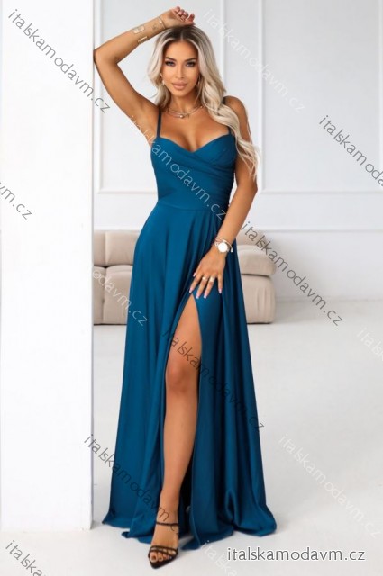 646-2 Dlouhé večerní šaty s ramínky a rozparkem na nohavici - tyrkysové