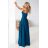 646-2 Dlhé večerné šaty s ramienkami a rozparkom na nohavici - tyrkysové