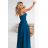 646-2 Dlhé večerné šaty s ramienkami a rozparkom na nohavici - tyrkysové