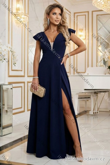660-1 Elegantné maxi šaty s volánikmi, hlbokým výstrihom a rozparkom na nohavici - tmavomodré