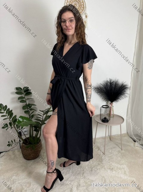 Šaty dlouhé elegantní letní krátký rukáv dámské BLANA (M/L/XL  ONE SIZE) ITALSKÁ MÓDA IMD25115/DR černá M/L/XL