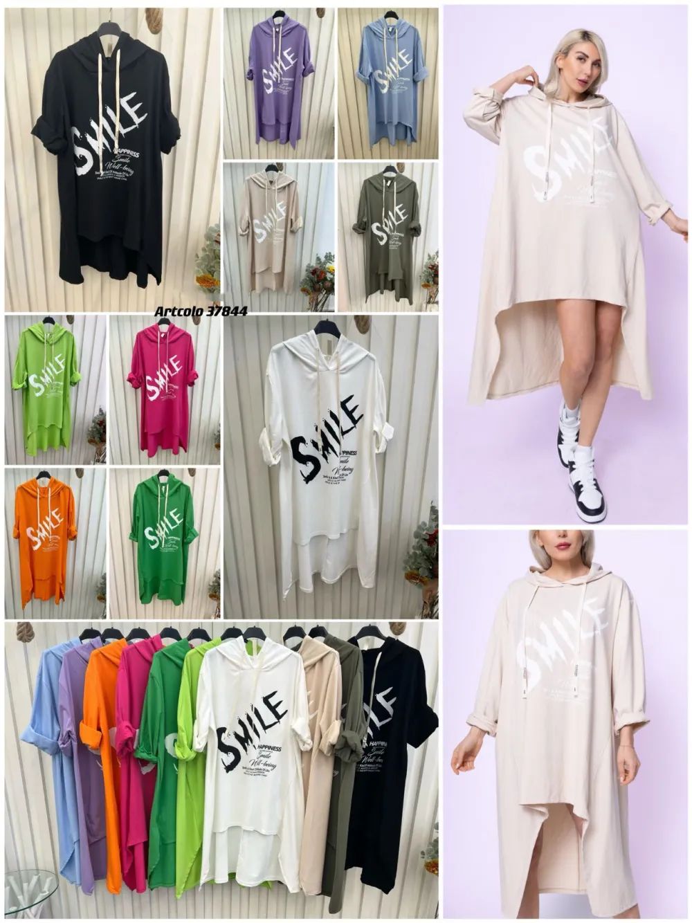 Šaty mikinové s kapucí dlouhý rukáv dámské (S/M/L ONE SIZE) ITALSKÁ MÓDA IMPLI2637844