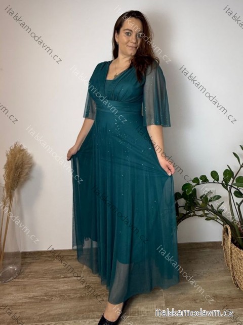 Šaty společenské dlhé dlhý rukáv dámske nadrozmer BARBARA (42/44/46 ONE SIZE) TALIANSKA MÓDA IMWMY251113/DU  petrolejová