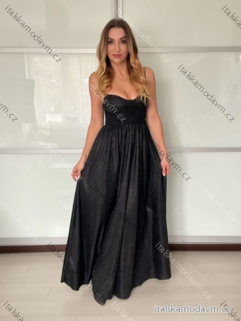 Šaty dlouhé společenské na ramínka dámské LEONA (S/M ONE SIZE) ITALSKÁ MÓDA IMPMD2643458/DU S/M Černá